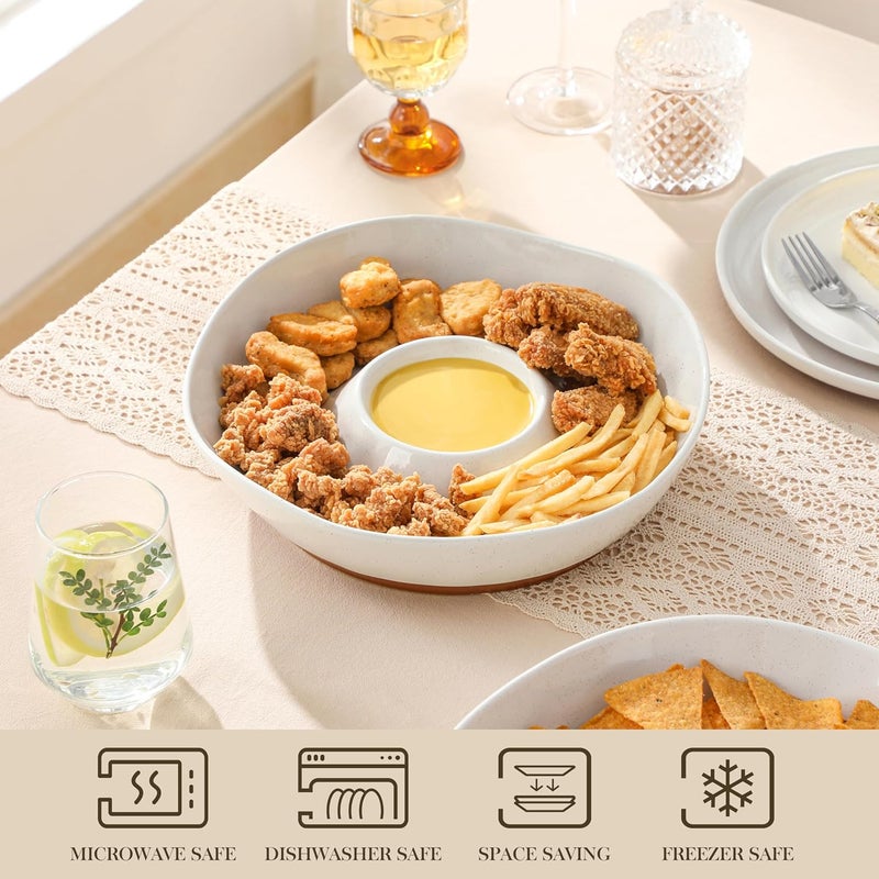 MALACASA Ceramic Chips and Dip Serving Tray, 12 Inch Large Divided Bowls Set for Salsa, Veggies & Dip, Appetizers, Snacks, Free-Form Serving Dish Platter for Parties Hosting & Entertaining, White - Image 4